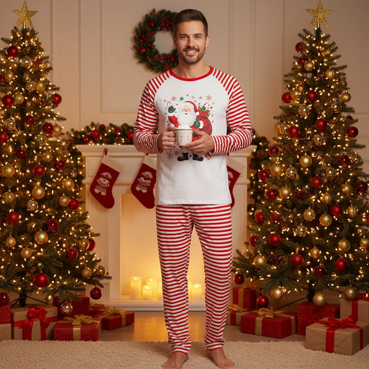 Men’s Personalised Christmas Pyjamas – Red & White Stripes | Matching Family PJs
