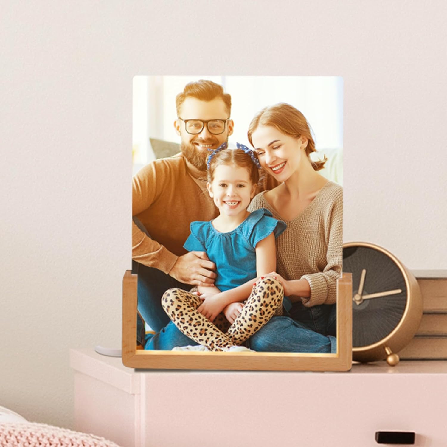 LED Glass Photo Frame 6" x 8" with Wooden Base – Personalized Light Display Frame
