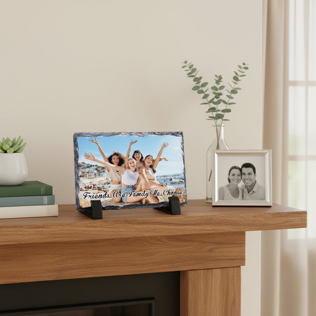 Two framed photos on a wooden surface with a neutral background