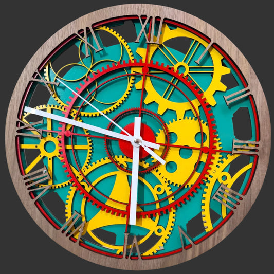Colorful gear clock on a white surface