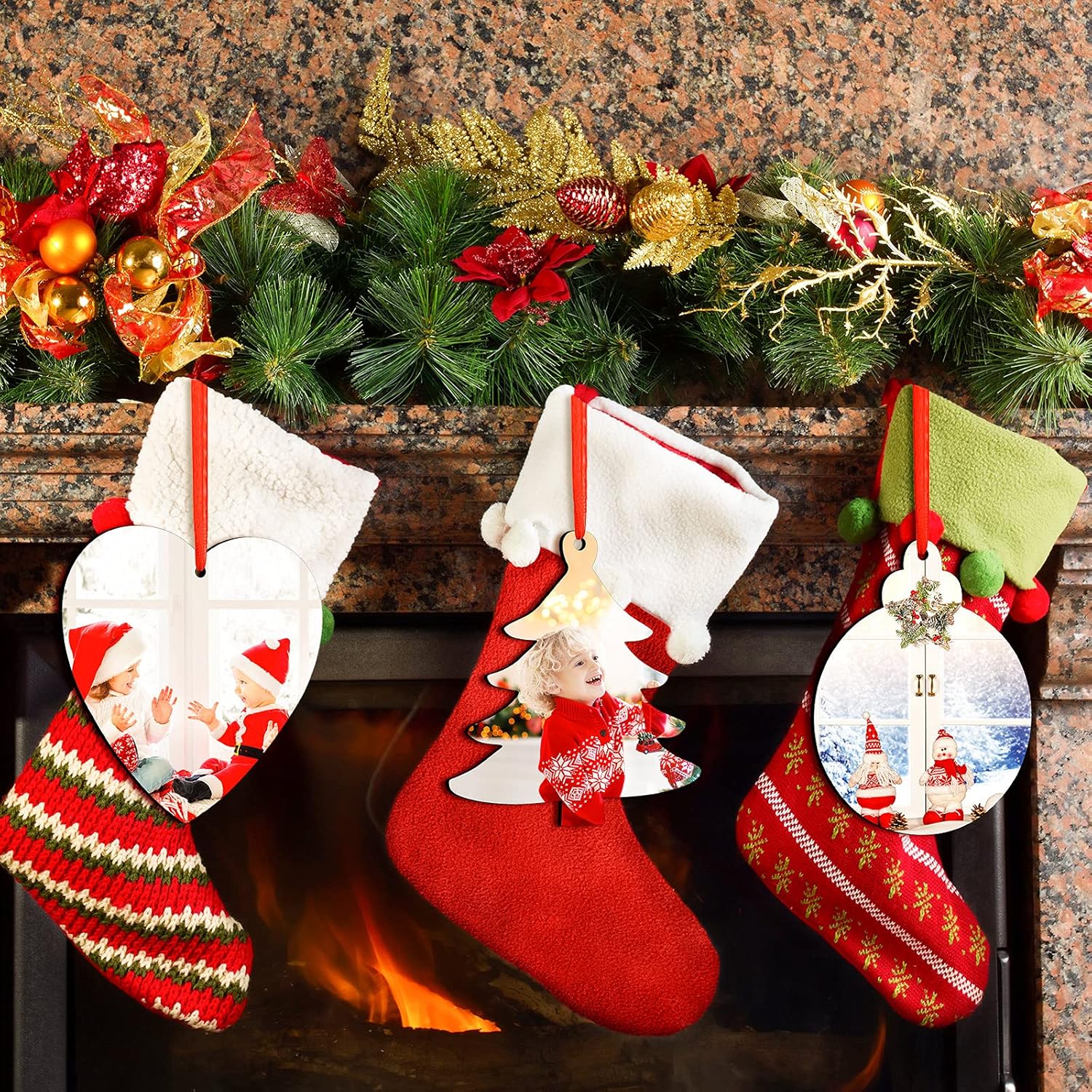 Set of 6 Personalized Double Sided MDF Christmas Tree Decorations Hanging Pendants with Red Ribbon