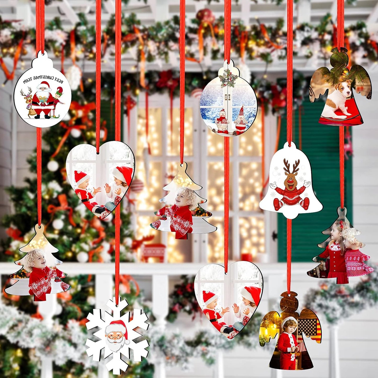 Set of 6 Personalized Double Sided MDF Christmas Tree Decorations Hanging Pendants with Red Ribbon