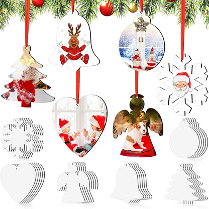 Set of 6 Personalized Double Sided MDF Christmas Tree Decorations Hanging Pendants with Red Ribbon