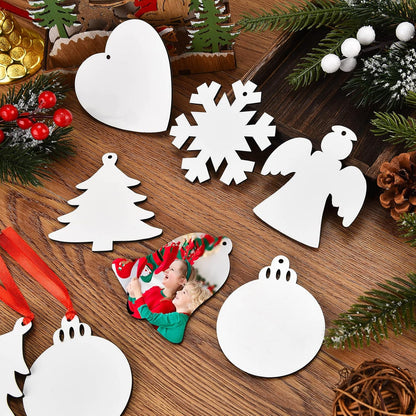 Set of 6 Personalized Double Sided MDF Christmas Tree Decorations Hanging Pendants with Red Ribbon