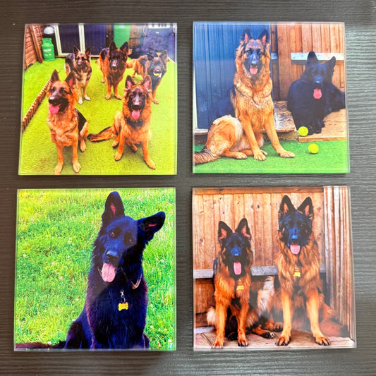 Personalised Glass Coaster Set – Pack of 4 Custom Printed Coasters – Square & Round Options