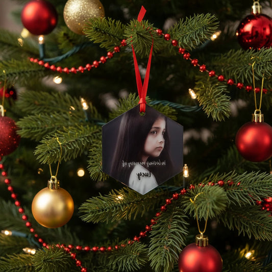 Personalised Glass Christmas Tree Decorations – Hexagon, Square, Round & Heart Ornaments | Red Ribbon