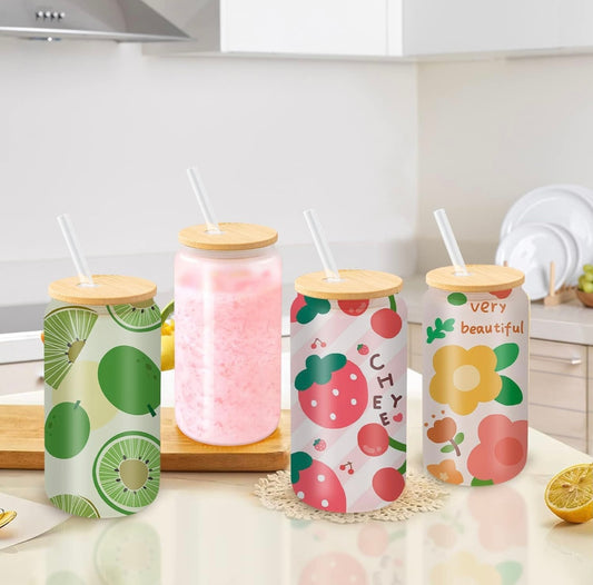 Personalised 16oz Glass Tumbler – Custom Printed Frosted Glass with Bamboo Lid & Glass Straw