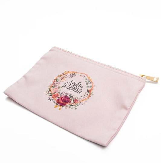 Personalised Makeup Bag – Custom Printed 23x17 cm Canvas & Polyester Bag with Gold Zip – Bride & Bridesmaid Gift, Party Favour, or Pencil Case