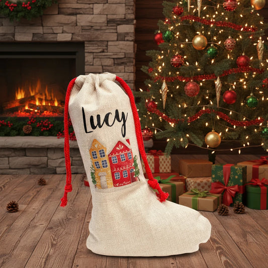 Personalised Drawstring Santa Stocking – Linen Look Christmas Sack | Festive Gift Bag