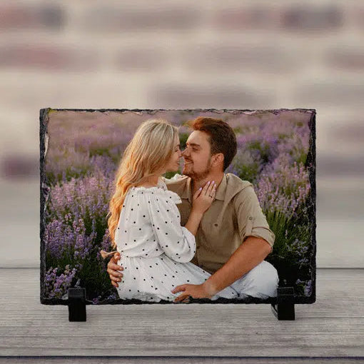 Slate with a printed photo of a couple in a lavender field