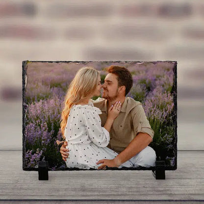 Slate with a printed photo of a couple in a lavender field