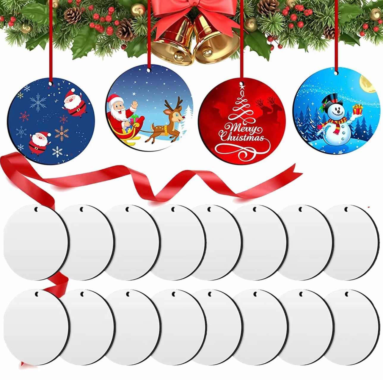 Set of 4 Personalized Double-Sided MDF Christmas Tree Ornaments – Custom Holiday Pendants with Red Ribbon