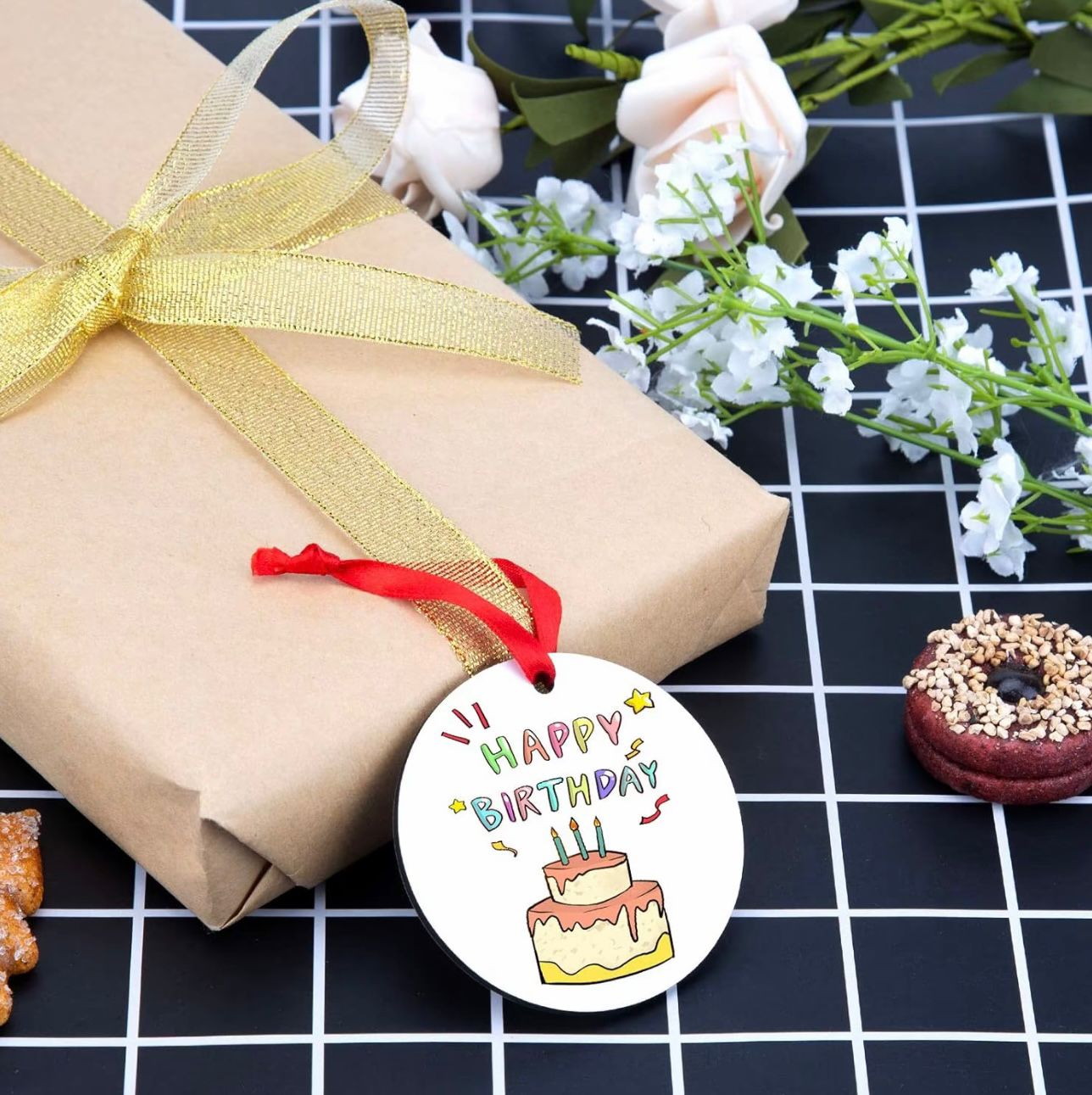 Set of 4 Personalized Double-Sided MDF Christmas Tree Ornaments – Custom Holiday Pendants with Red Ribbon