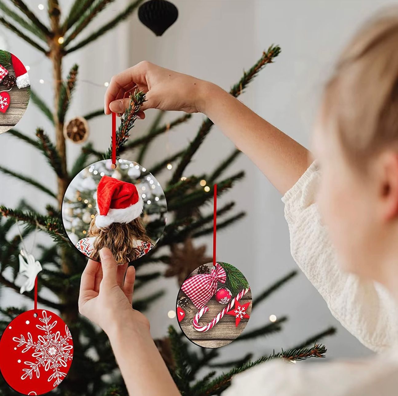 Set of 4 Personalized Double-Sided MDF Christmas Tree Ornaments – Custom Holiday Pendants with Red Ribbon