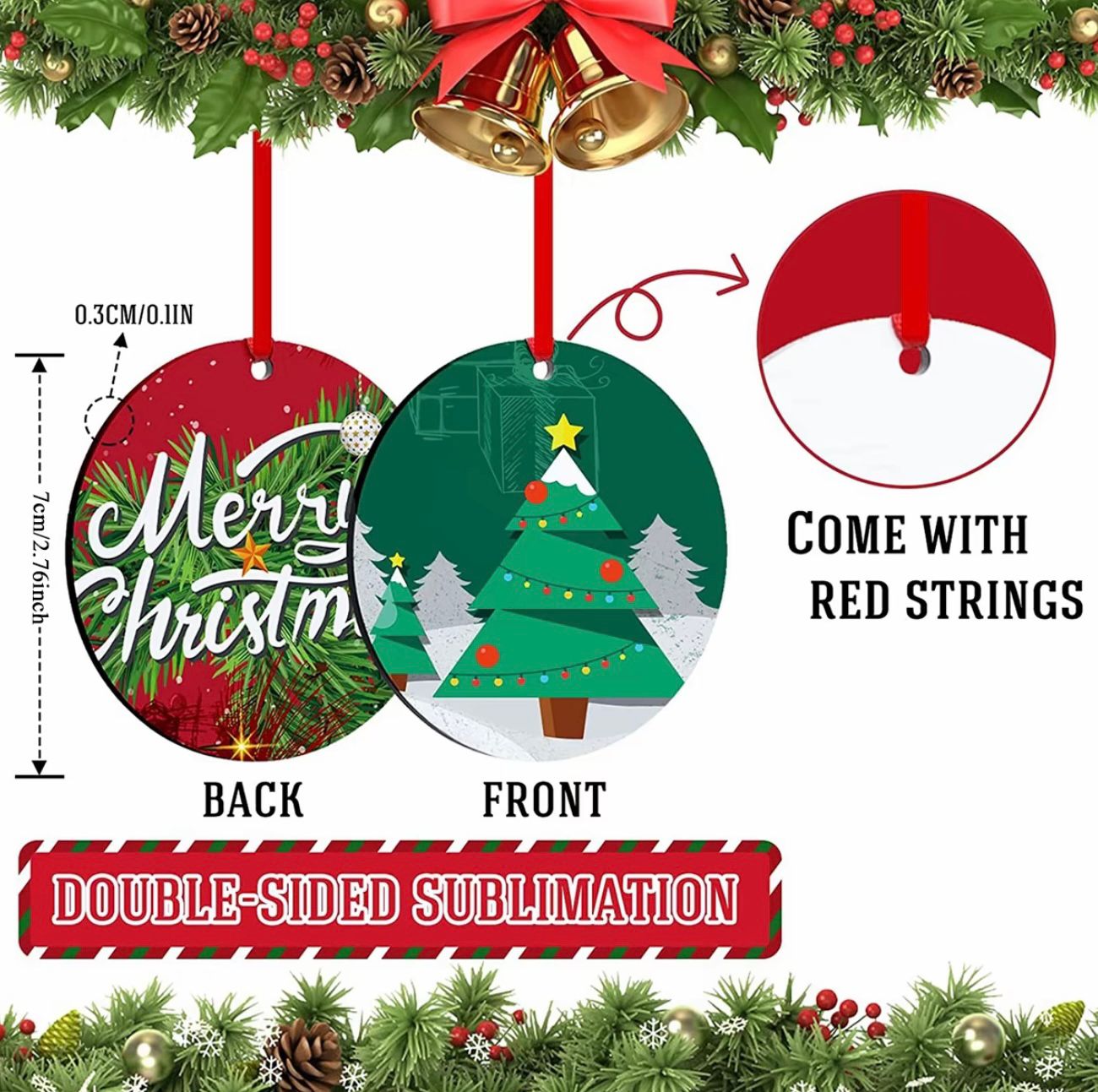 Set of 4 Personalized Double-Sided MDF Christmas Tree Ornaments – Custom Holiday Pendants with Red Ribbon