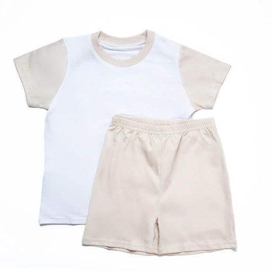 Personalised Kids’ T-Shirt & Shorts / Pyjama Set – Custom Printed, Available in Blue, Pink & Stone – Sizes 6 Months to 10 Years