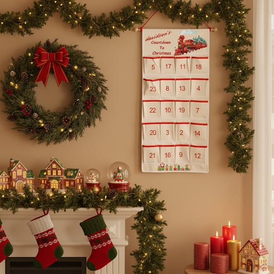 Advent calendar with red train design and festive decorations on a blue background